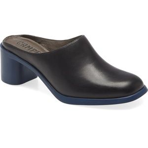 Camper Meda Block Heel Mule- black leather with blue heel Women Size 8 EUC.